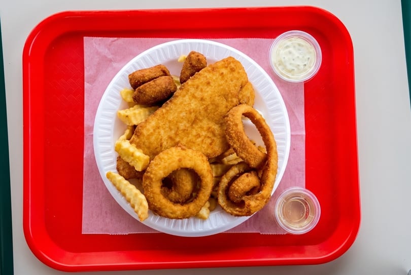 Fried fish, onion rings, and french fries on a white plate with tartar sauce and vinegar.
